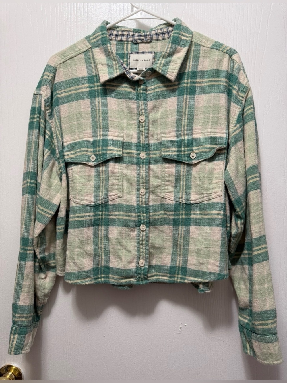 American Eagle Green Plaid Cozy Cropped Flannel Shirt Women’s Size XL